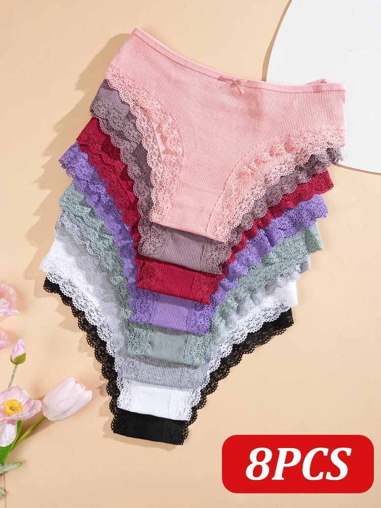 8PCS Women's Cotton Fabric Panties Sexy Lace Bowknot Solid Color Bikini Underpants Fashion Double Straps Comfortable Underwear - Chrissy's Eye