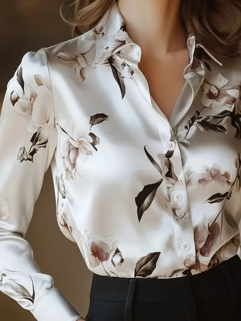 Elegant Intellectual Women's Satin Floral Print Shirt | Soft & Smooth V-Neck Long-Sleeve Button Formal Top for Spring - Chrissy's Eye