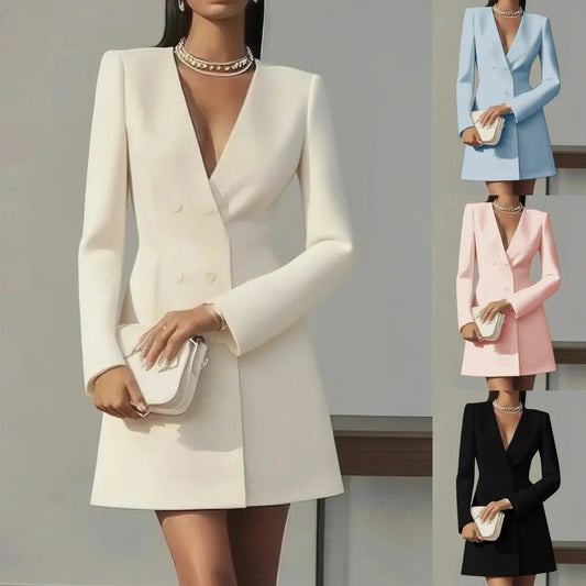 Autumn Double Breasted Solid Color V-Neck Office Suit French Long Sleeved Elegant Slim Fit Blazer Dress for Woman - Chrissy's Eye