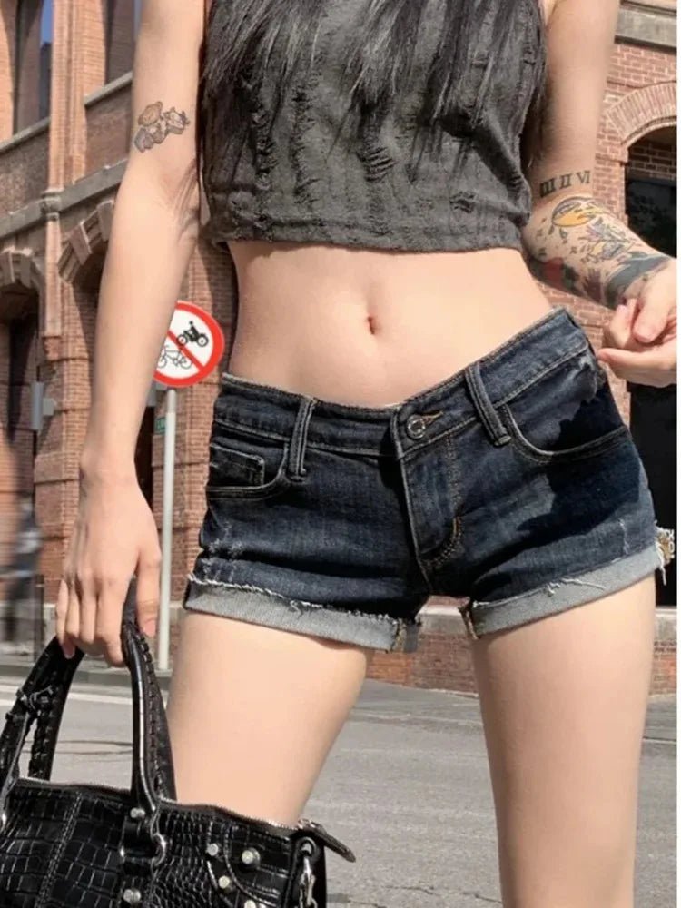 Summer New Female Fashion Hot Girl Street Casual Hip Wrap Sexy Mini Shorts Women's Low Rise Elastic Tight Curled Denim Shorts - Chrissy's Eye