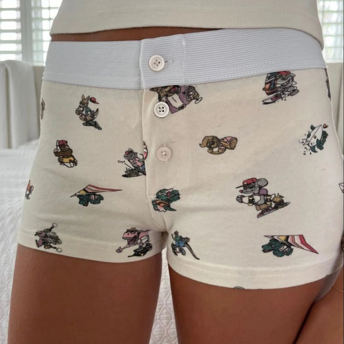 Combhasaki Womens Loungewear Shorts Y2K Vintage Elastic Low Waist Button Closure Graphic Printed Aesthetic Slim Fit Bottoms - Chrissy's Eye