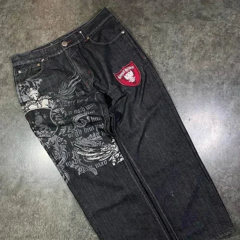 Street Fashion Trend Skull Embroidered Jeans Women Harajuku Y2K New Hip Hop Joker Straight Wide-leg Pants Couple Casual Jeans - Chrissy's Eye