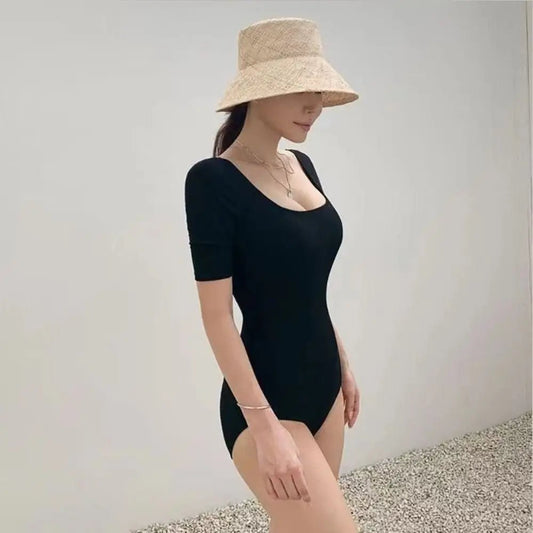 Korean Version Solid Color Hollow Out Swimsuit Slim Design Mesh Cut Backless Swimsuit High Waist Short Sleeve Swimwear Vacation - Chrissy's Eye