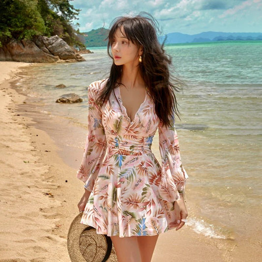 Swimsuit Women Long Sleeve One Piece Printed Monokini Push Up Korean Style Bathing Suit Swim Dress Ruffles Swimwear Underwired - Chrissy's Eye