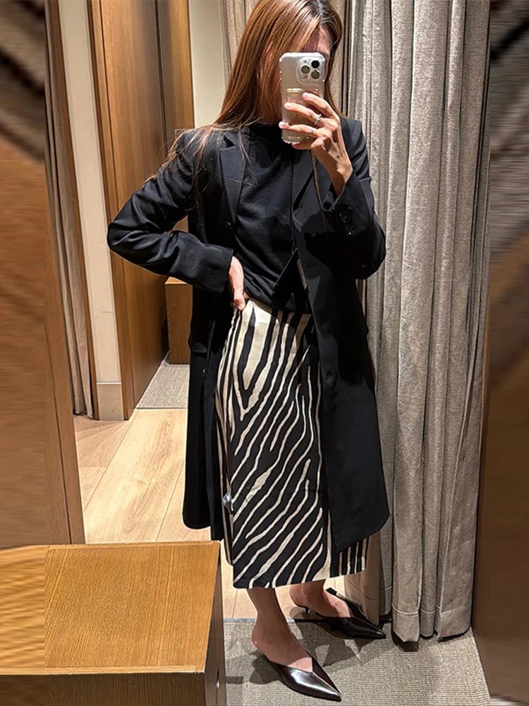Zebra Print High Waist Midi Skirt Front Ruched Straight 2026 Autumn Vintage Street Women Bottom Skirt Elegant Casual Skirt - Chrissy's Eye