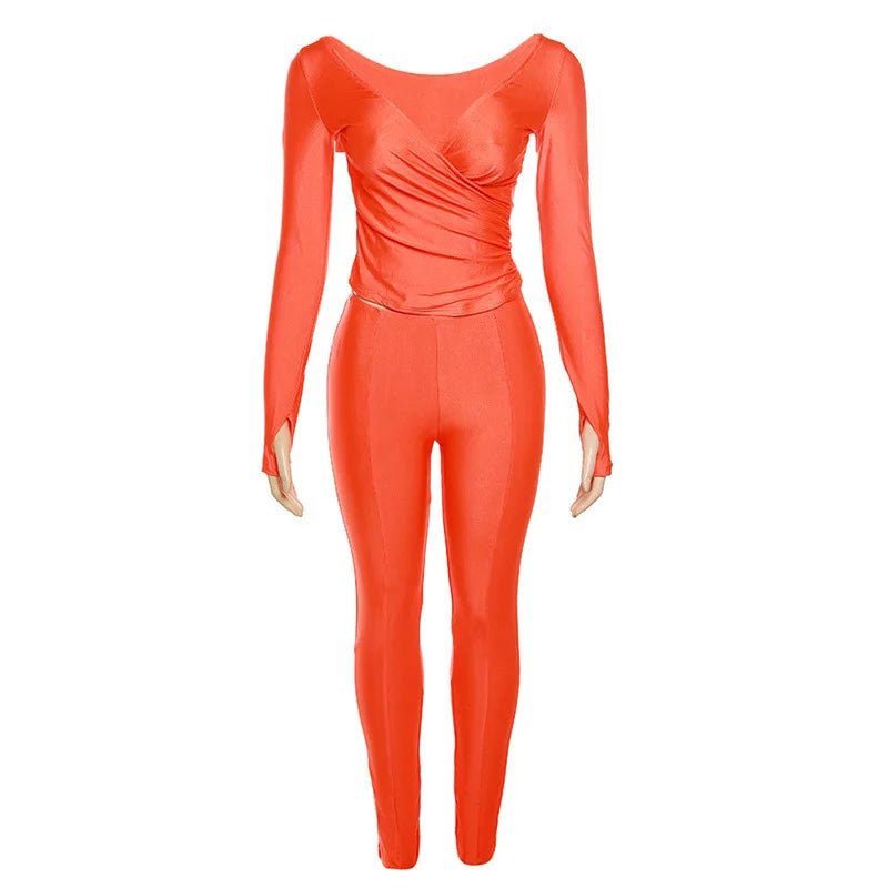 Solid Color V-neck Sexy Long-sleeved Top High Waist Pants Set - Chrissy's Eye
