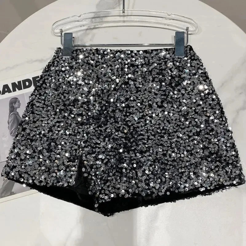 New Autumn Black Velvet Shorts Women Sequined Shiny Versatile Short Pants Clubwear Shorts Hot Pants High Street - Chrissy's Eye