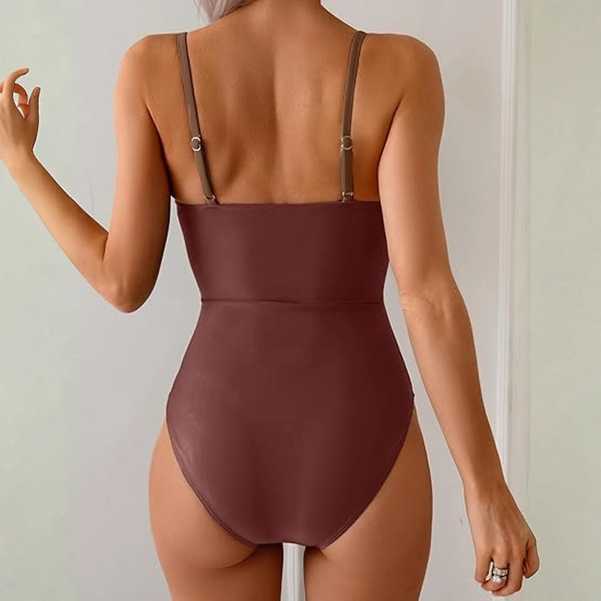 Sexy Cutout Swimsuit Solid Color Summer Spaghetti Strap Color Block Ring Detail One Piece Beach High Cut Bathing Suit - Chrissy's Eye