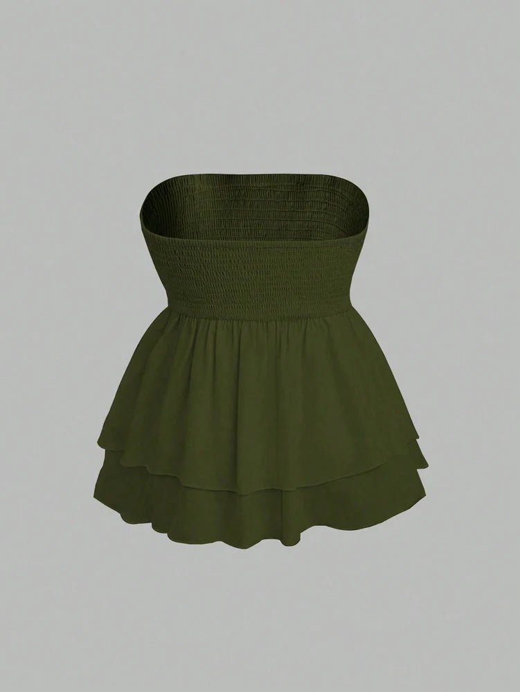 Plus Size Women's 2025 Summer New Sleeveless Tube Holiday Style Solid Color Double Layer Ruffle Swing Tube Women's Tops - Chrissy's Eye