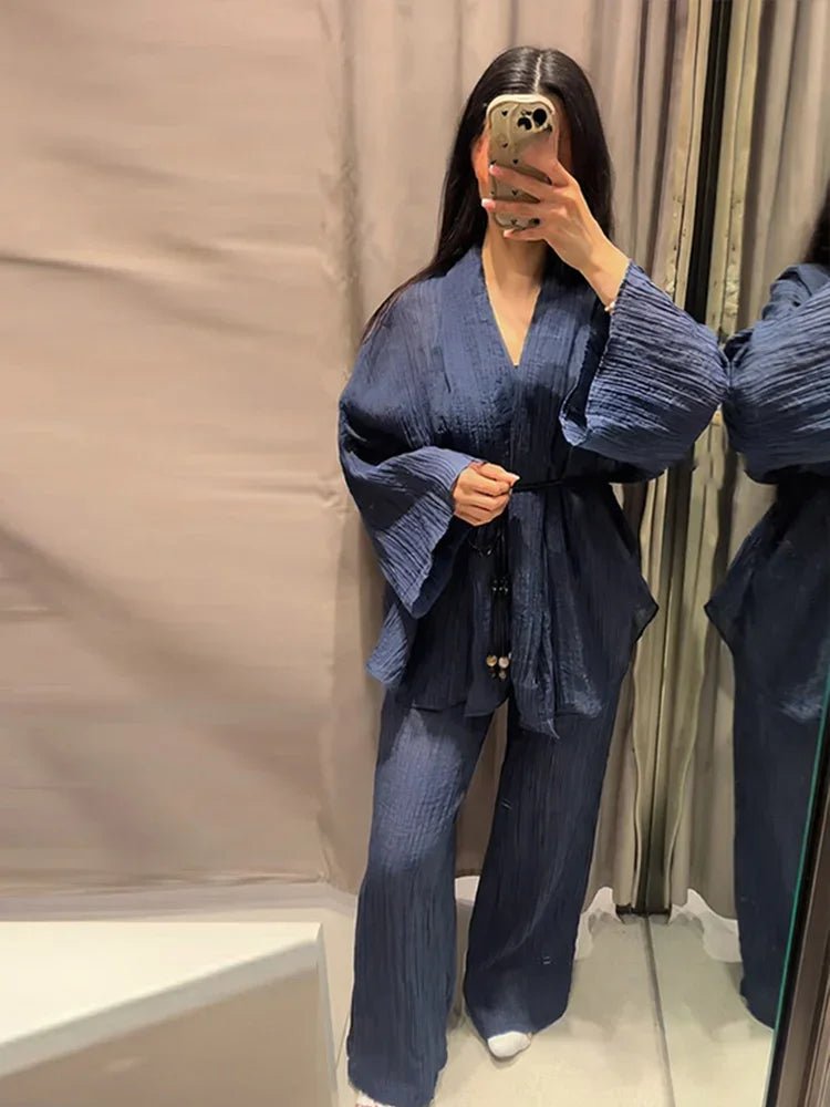 set/S - Fashion Solid Women's Trousers Suits Long Sleeve V-Neck Lace Up Tops Wide Leg Pants 2026 Summer Casual 2 Pieces Set Women - Chrissy's Eye