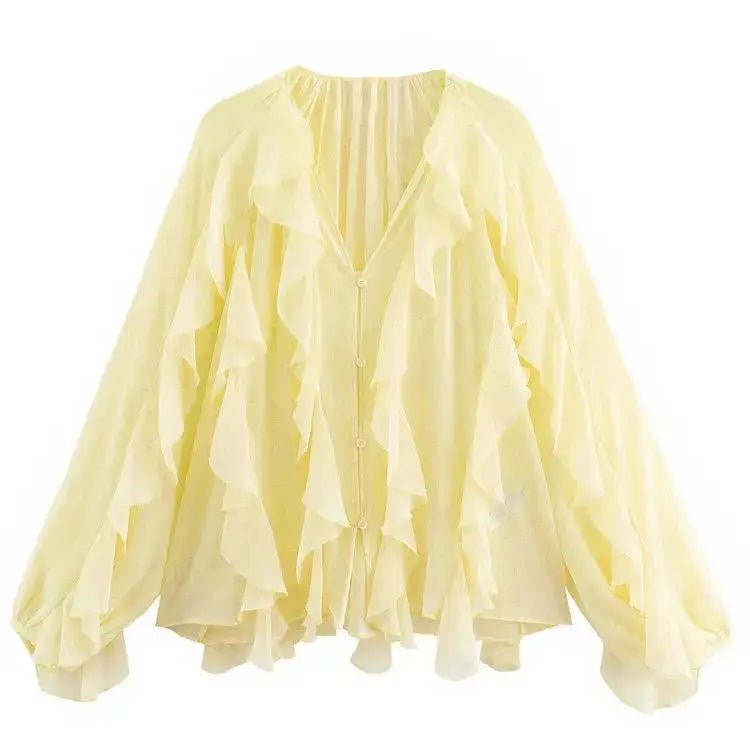 2026 Summer Chic Women's Elegant Loose Long Sleeve Layered Shirts Office Lady Vintage V-neck Translucent Tierred Ruffles Blouses - Chrissy's Eye