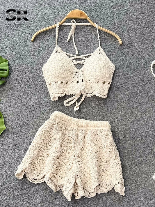 SINGREINY Knit Two Piece Sets Women Summer Vacation Backless Camisole Elastic Waist Shorts Hollow Out Y2K Beach Style Suits - Chrissy's Eye