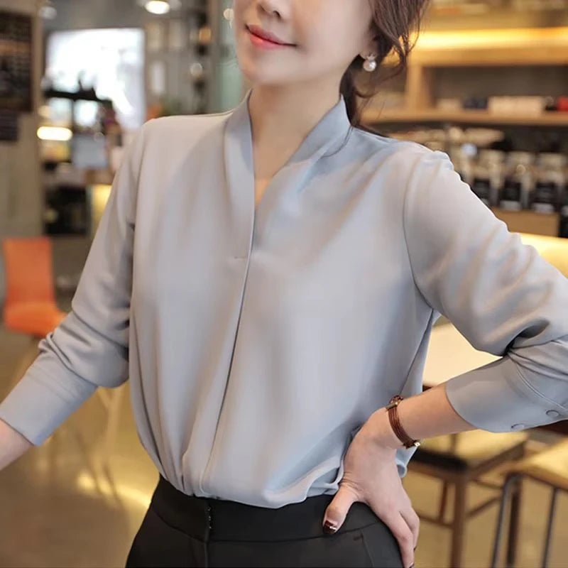 Korean Solid Color V-neck Long Sleeve Lady Chiffon Shirt Spring Autumn Elegant Simple Loose Fit Women's Commuting Shirt New 128 - Chrissy's Eye