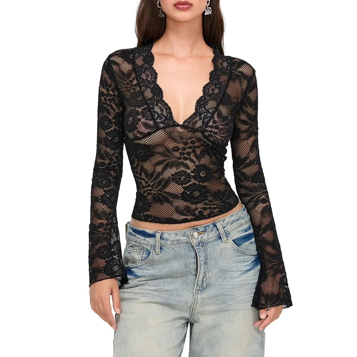 Pure Desire Sexy Deep V Long Sleeve Lace Blouse - Chrissy's Eye