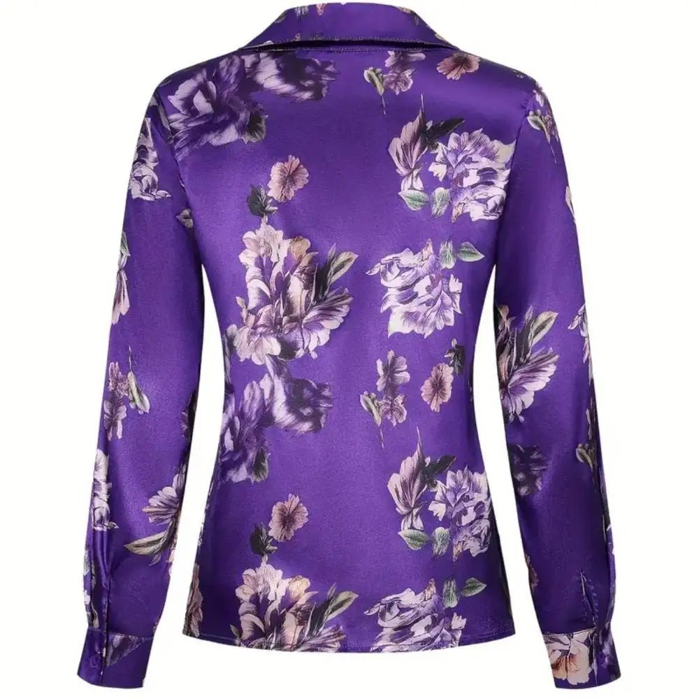 Elegant Intellectual Women's Satin Floral Print Shirt | Soft & Smooth V-Neck Long-Sleeve Button Formal Top for Spring - Chrissy's Eye
