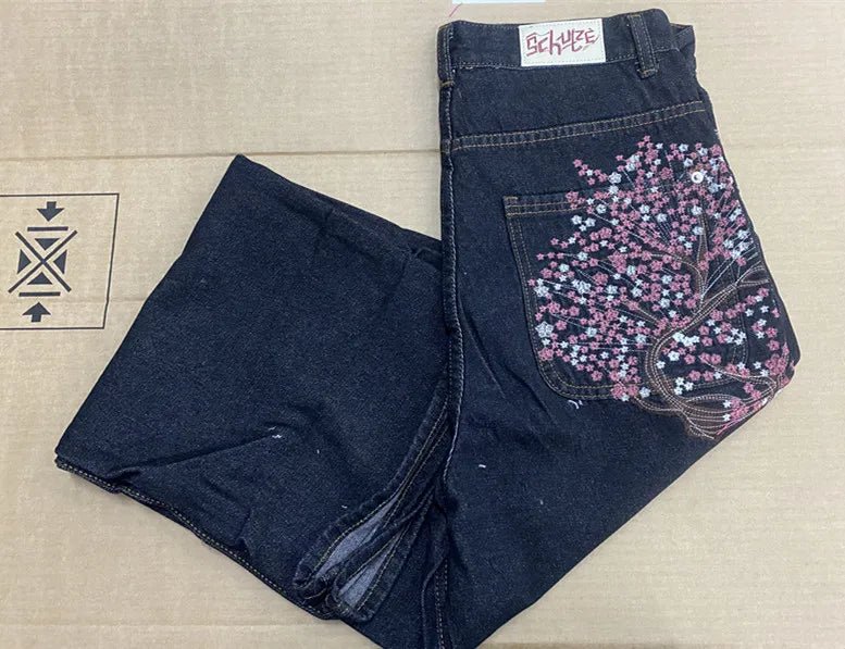 Vintage Low Waist Hip Hop Cherry Blossom Embroidered Jeans Wide Leg Trousers Y2K Clothes Mens Womes Embroidered Baggy Jeans - Chrissy's Eye