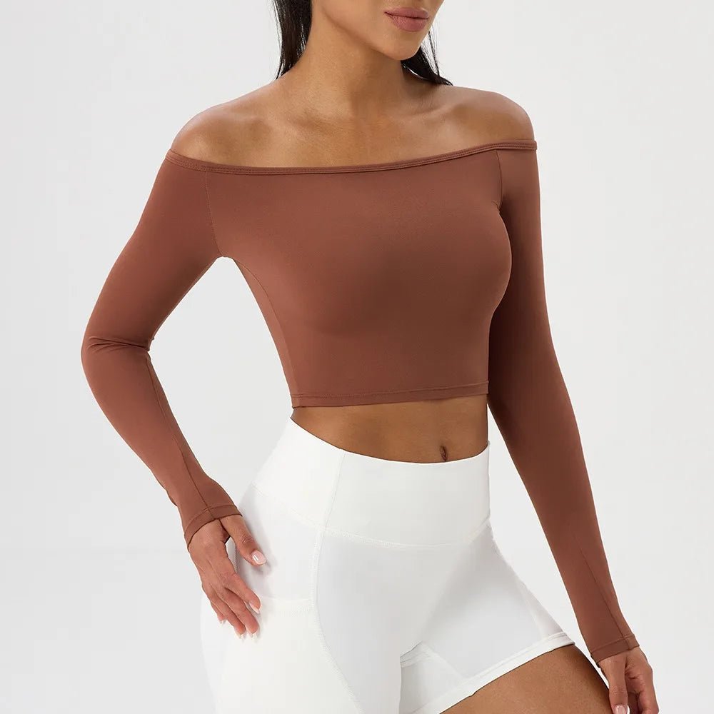 Women Sexy Off Shoulder Yoga Top Long Sleeve Gym Running Top Solid Quick-Dry Sport Workout Shirt - Chrissy's Eye
