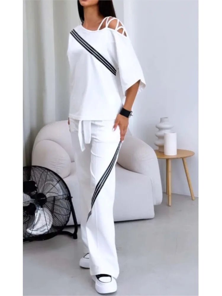 Spring Summer Women Fashion Two Pieces Sets 2025 New Off-the-shoulder Loose Short Sleeve Top And Pants Suits Outfits Clothing - Chrissy's Eye