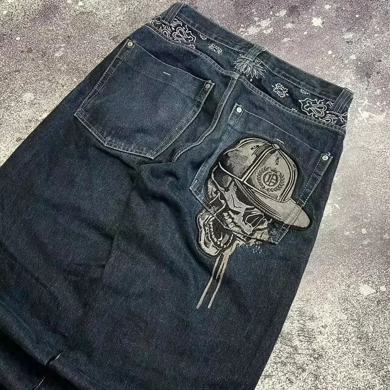 Street Fashion Trend Skull Embroidered Jeans Women Harajuku Y2K New Hip Hop Joker Straight Wide-leg Pants Couple Casual Jeans - Chrissy's Eye