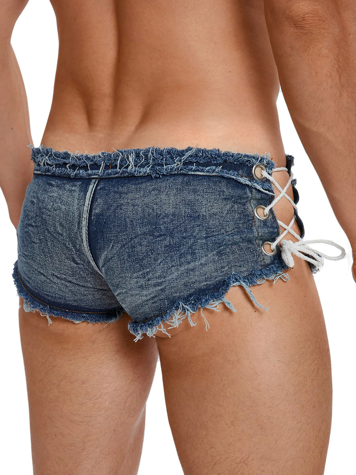 Men's Low Rise Extra Short Hot Pants Raw Edge Ripped Denim Shorts with Sides Lace-up Booty Jeans Shorts for Rave Party Clubwear - Chrissy's Eye