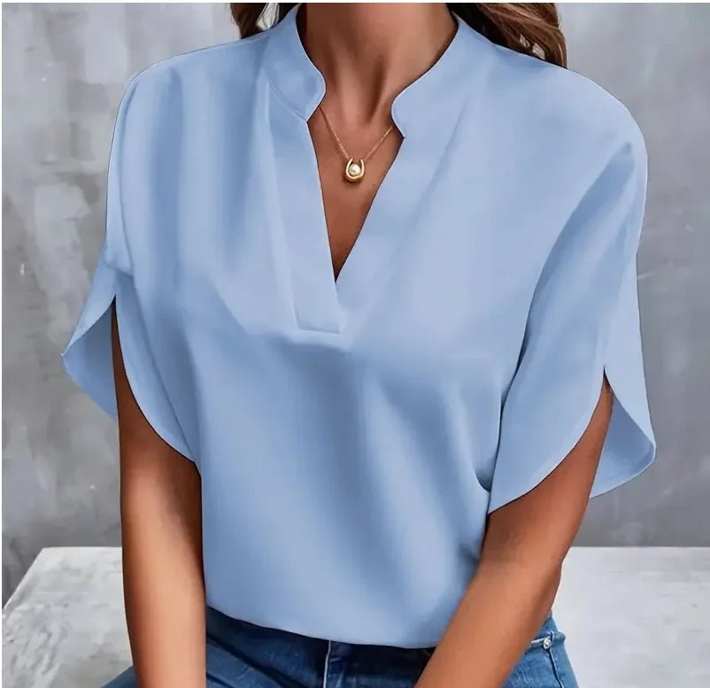 Summer Elegant Women's Blouse New V-neck Short Sleeve Solid Color Loose Shirt Casual White Tops Office Lady Blouses - Chrissy's Eye