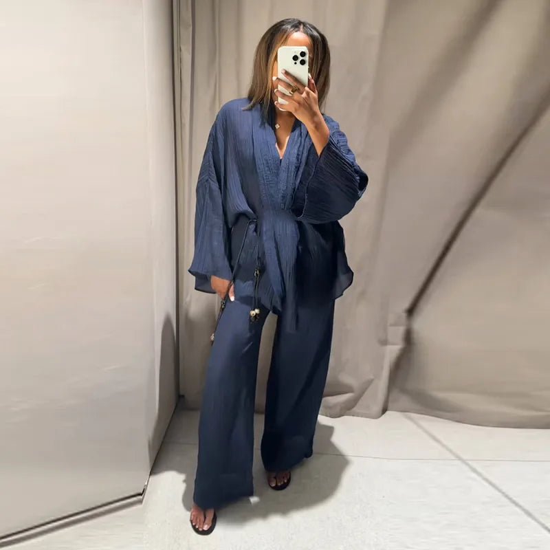 set/S - Fashion Solid Women's Trousers Suits Long Sleeve V-Neck Lace Up Tops Wide Leg Pants 2026 Summer Casual 2 Pieces Set Women - Chrissy's Eye