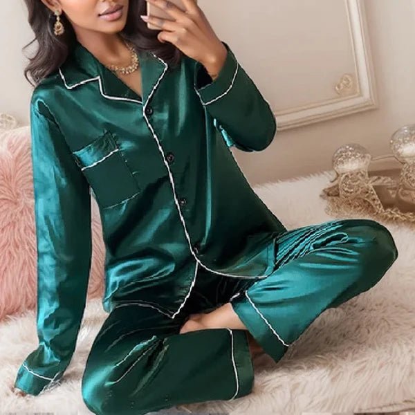 Plus Size Fall and Winter Silk Satin Women Pajamas Set Button down Top & Trousers 2 PCS Set Sleepwear Solid Nightwear Loungewear - Chrissy's Eye