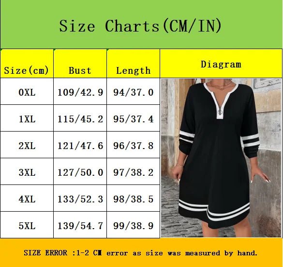 Elegant Striped Print Zip-Neck Versatile Mid-Length Long Sleeve Plus Size Winter Dress for Women - Chrissy's Eye