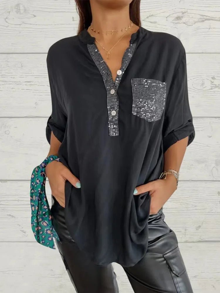 Autumn Sparkling Pocket Button Shirt Office Women's V-Neck Long Sleeved Blouse Casual Every Day Top Clothes - Chrissy's Eye