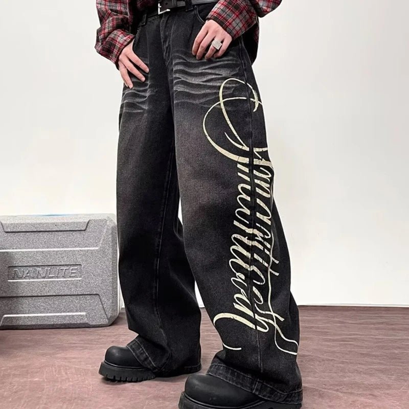 Autumn Men's Letter Printed Straight-Leg Baggy Jeans Hip Hop Fashion Washed Denim Pantalones American Retro Y2K Streetwear Jean - Chrissy's Eye