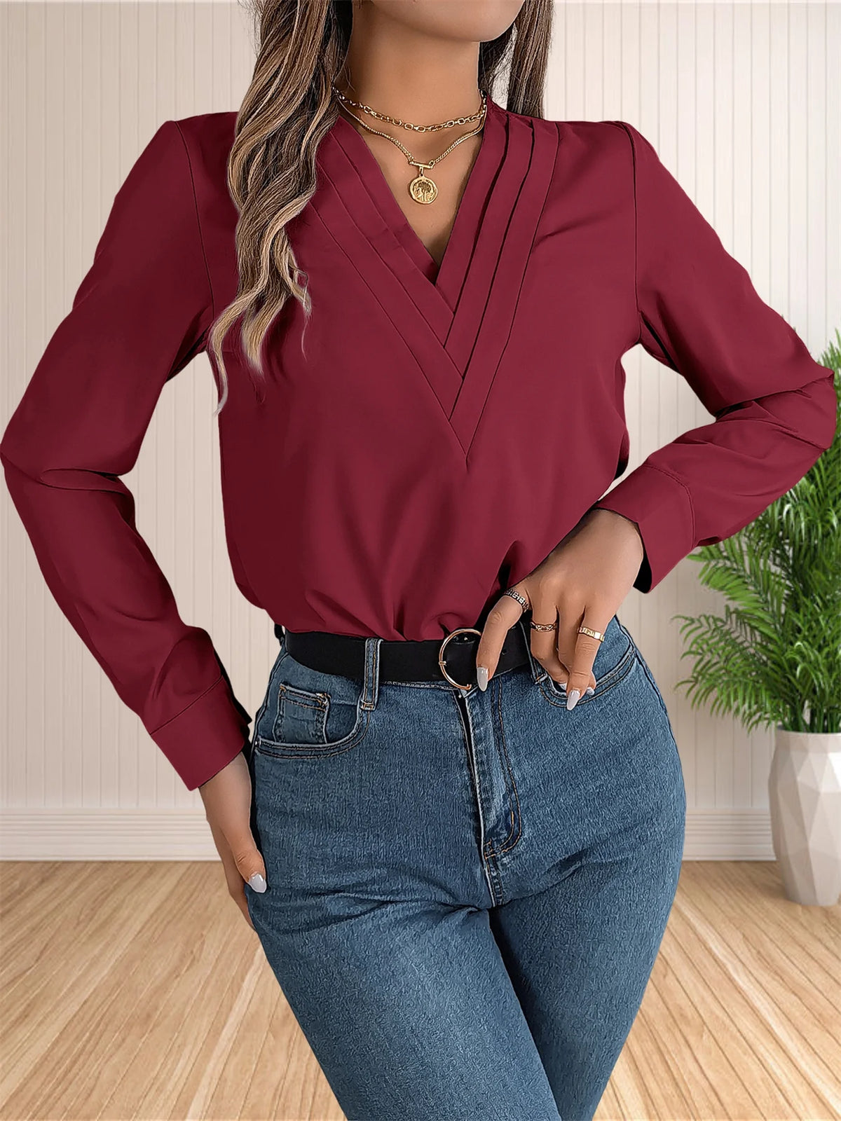 Women's Elegant Business Office Blouse Layered V Neck Long Sleeve Dressy Shirts Work Tops - Chrissy's Eye