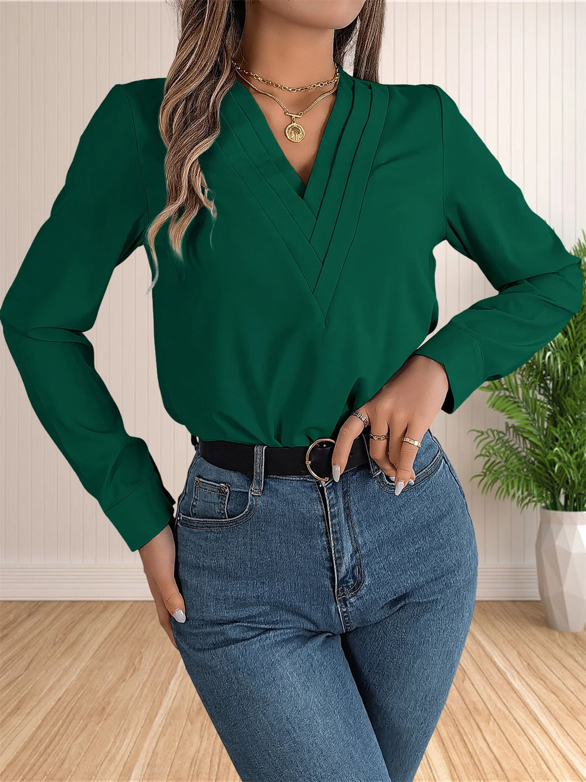 Women's Elegant Business Office Blouse Layered V Neck Long Sleeve Dressy Shirts Work Tops - Chrissy's Eye