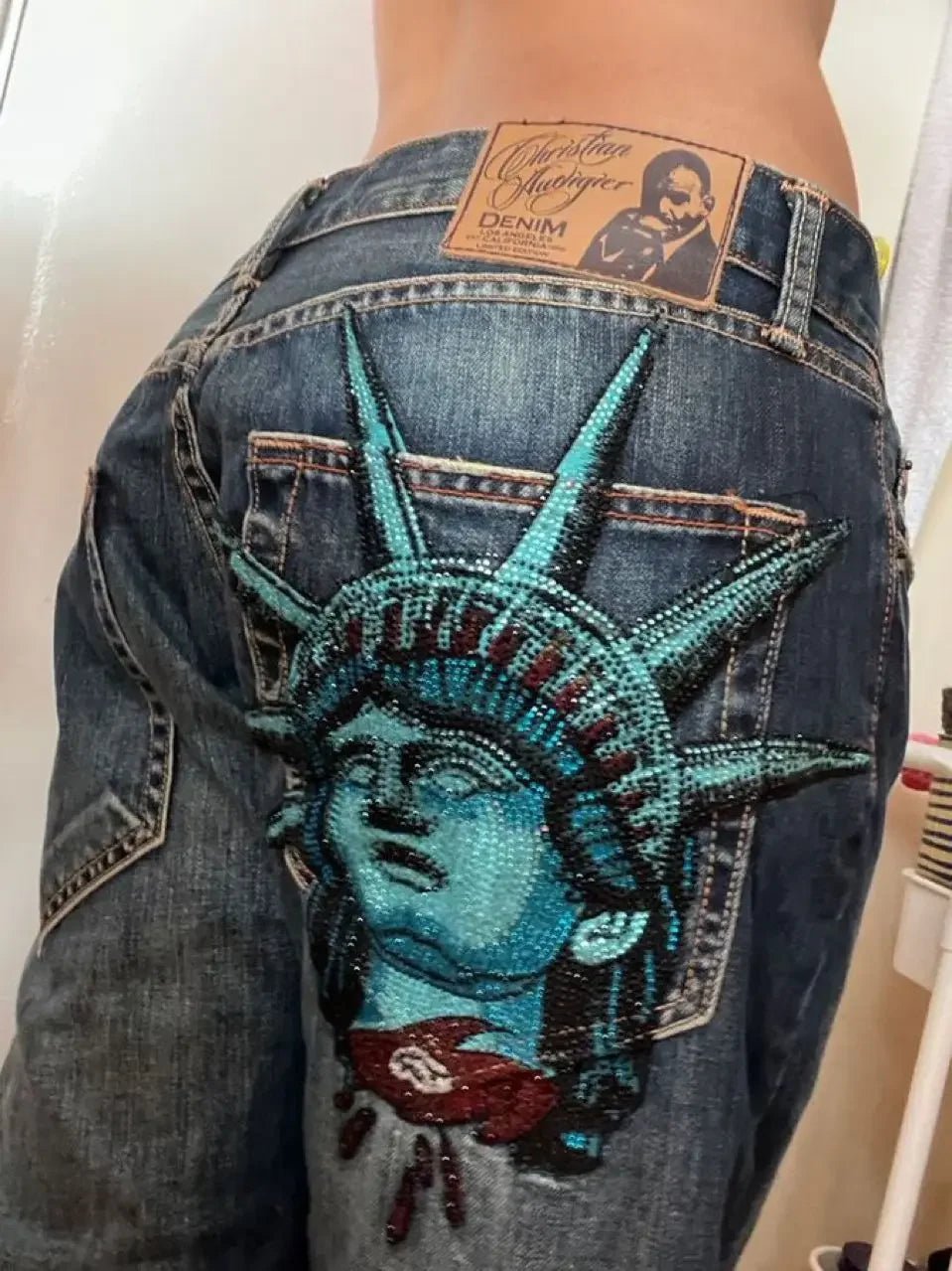 Y2k 2000s Statue of Liberty Diamonds Denim Pants Women Casual High Waist Straight Wide Leg Jeans Harajuku Vintage Women Clothing - Chrissy's Eye
