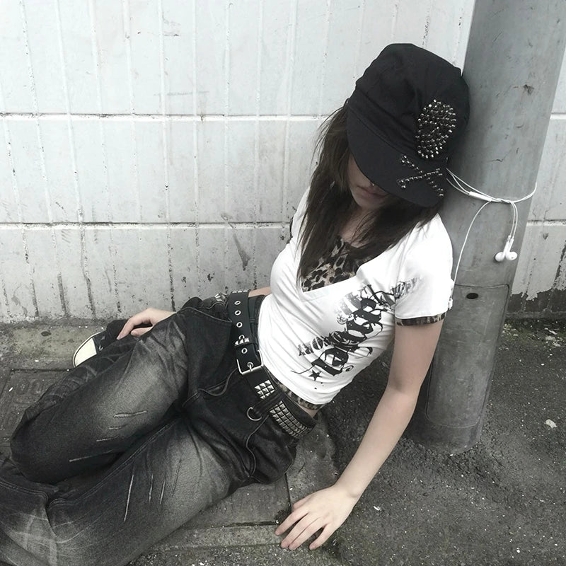 Two-piece Tops Trashy 2000s Style Tattoo Print T-shirt Vintage with Leopard print T-shirt arrached - Chrissy's Eye