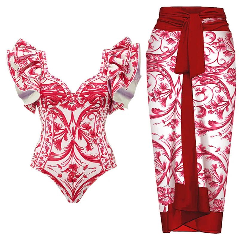 2 Pieces Retro Printed Swimsuit With Cover Up Sexy Women Swimwear 2025 V Neck Bikinis Female Biquini 3XL Bodysuit Beachwear - Chrissy's Eye