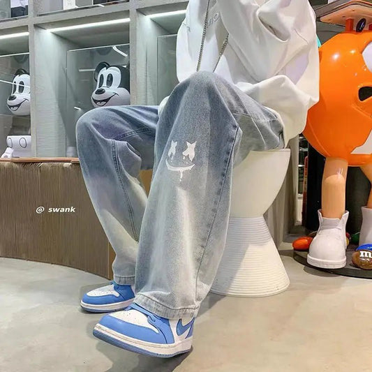 Smile Print Baggy Pants Men Streetwear Wide Leg Oversize Jeans Vintage Straight Long Trousers - Chrissy's Eye