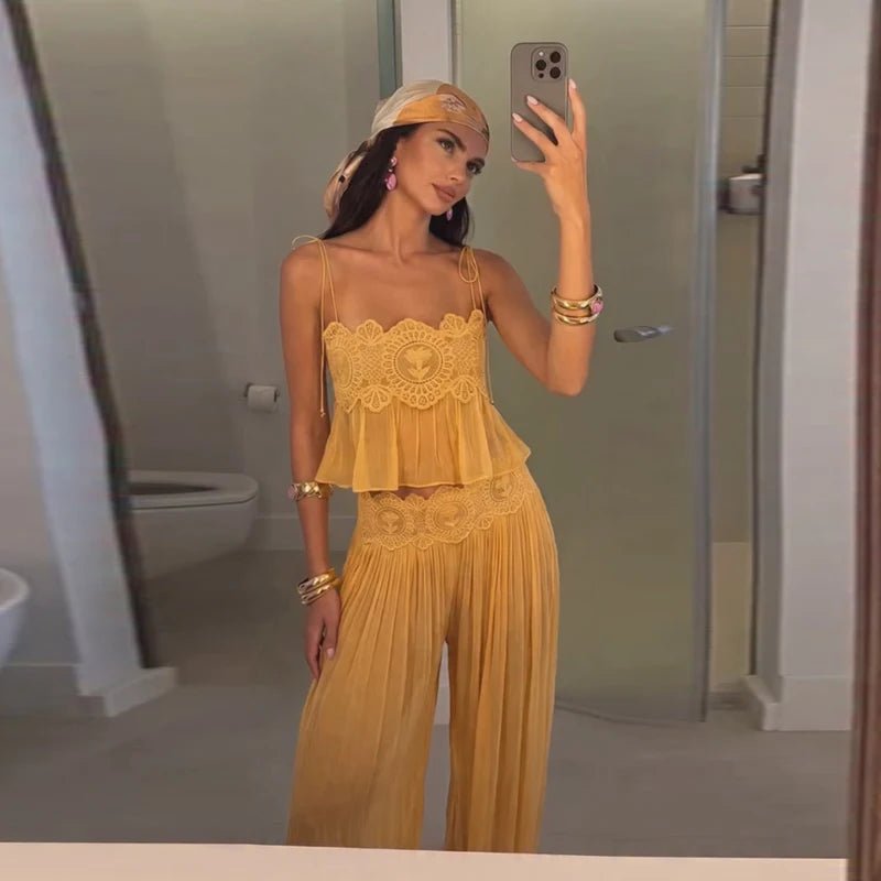 2026 Summer Fashion Square Neck Ruffled Crop Top & Long Pants 2-Piece Set Elegant Boho Resort Vacation Casual 2 Pcs Beach Outfit - Chrissy's Eye