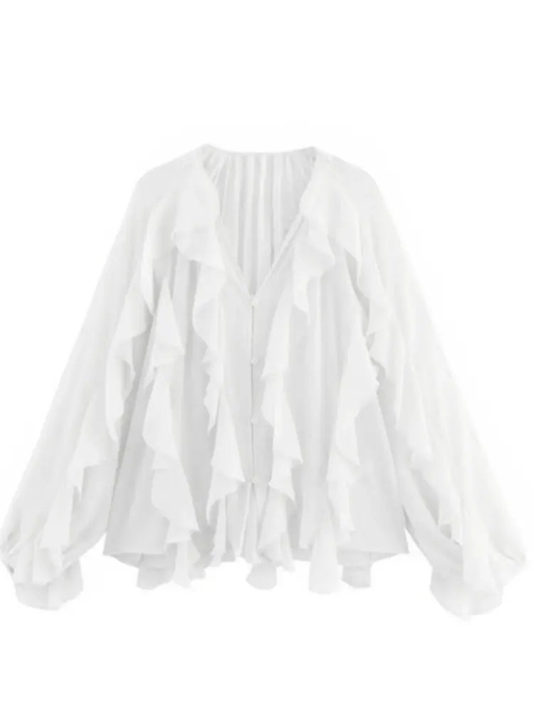 2026 Summer Chic Women's Elegant Loose Long Sleeve Layered Shirts Office Lady Vintage V-neck Translucent Tierred Ruffles Blouses - Chrissy's Eye