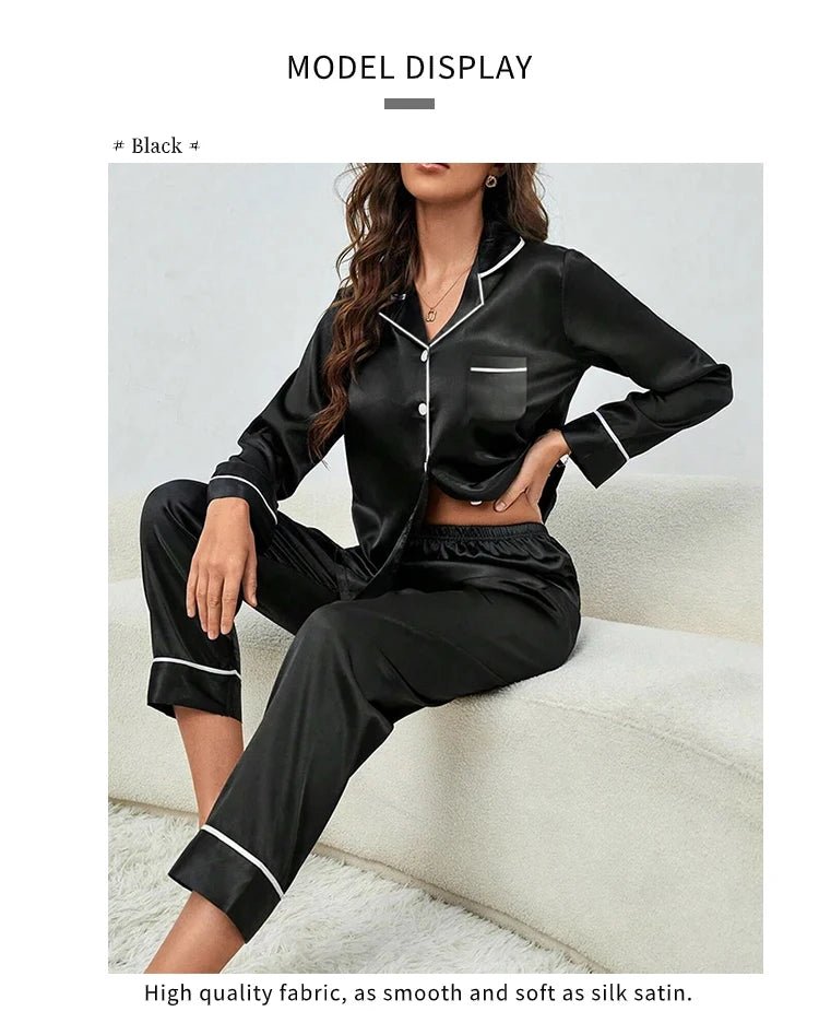 Plus Size Fall and Winter Silk Satin Women Pajamas Set Button down Top & Trousers 2 PCS Set Sleepwear Solid Nightwear Loungewear - Chrissy's Eye