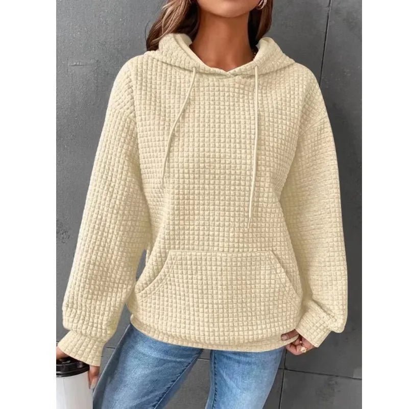 Women's hooded sweatshirt spring and autumn style waffle fashion beautiful solid color hooded drawstring loose sweatshirt - Chrissy's Eye