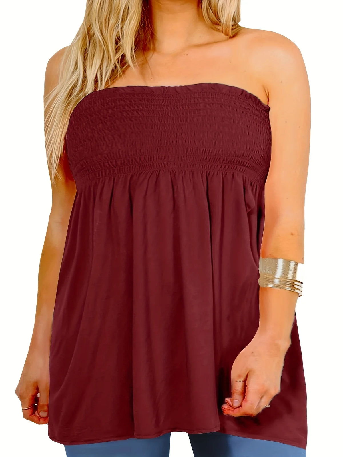 Plus Size Women's Sexy High Waist Pleated Tube Top,Summer Casual Solid Color Clothes - Chrissy's Eye