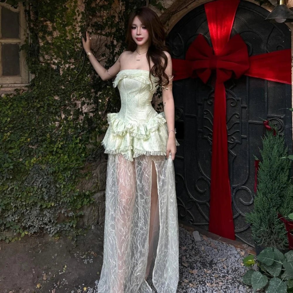 Women's Ruffle Long Dress, Chest Wrap, Backless Lace - Chrissy's Eye