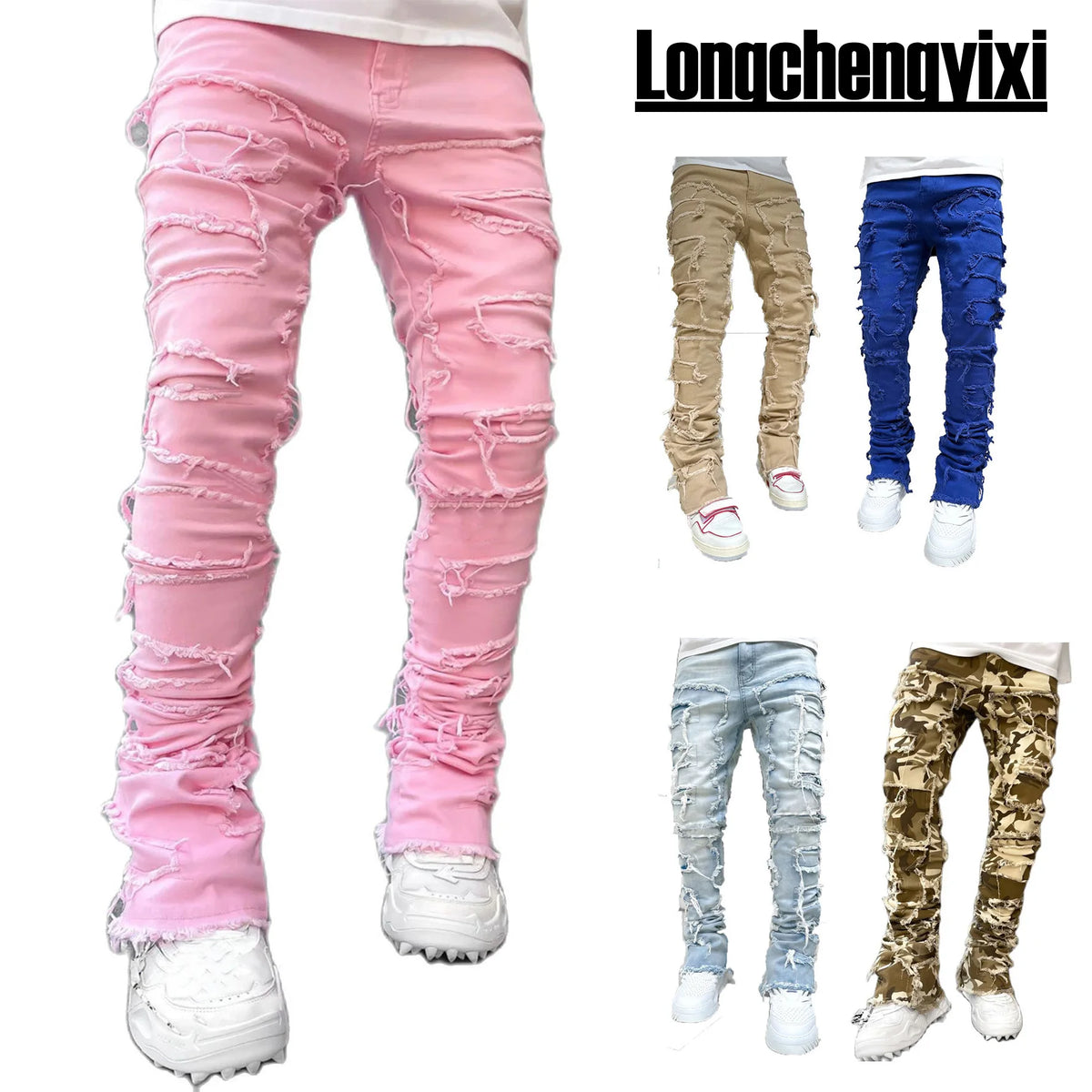 Men's Regular Fit Stacked Jeans Ripped Slim Fit Patch Distressed Destroyed Straight Denim Pants Hip Hop Streetwear Trouser Cloth - Chrissy's Eye