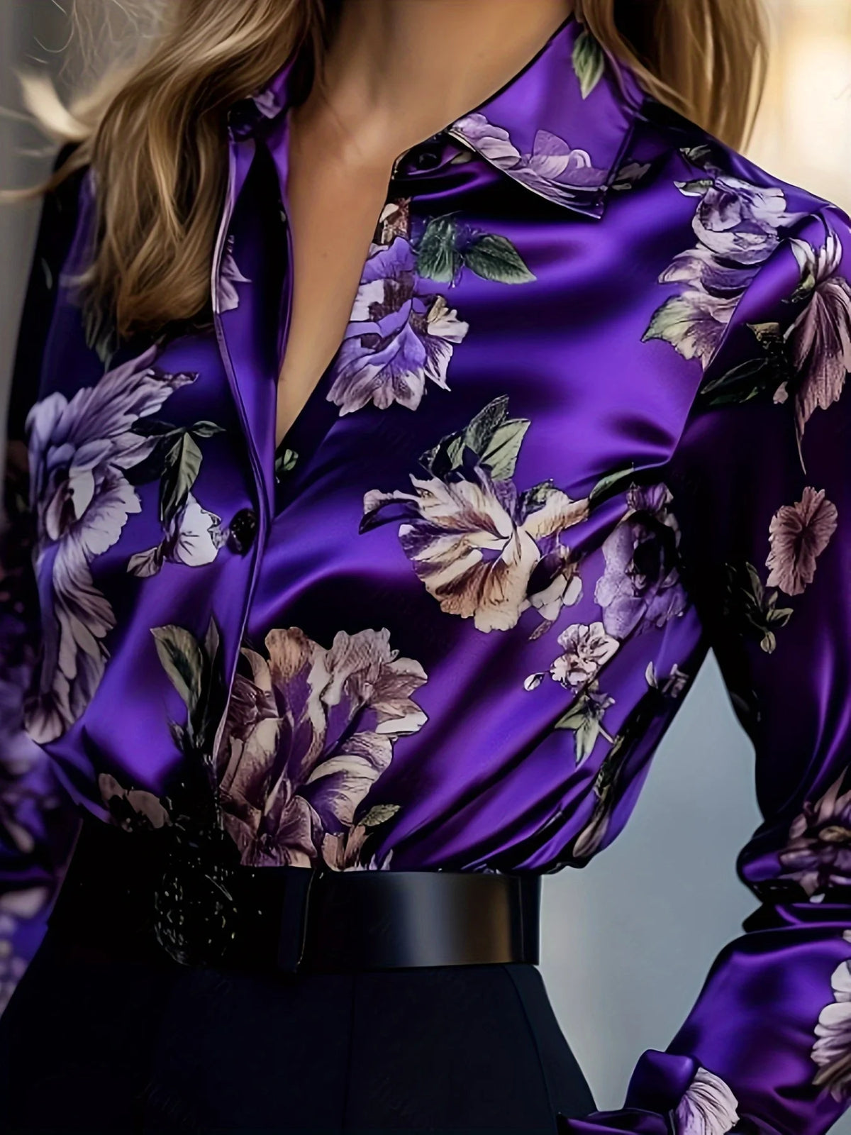 Elegant Intellectual Women's Satin Floral Print Shirt | Soft & Smooth V-Neck Long-Sleeve Button Formal Top for Spring - Chrissy's Eye