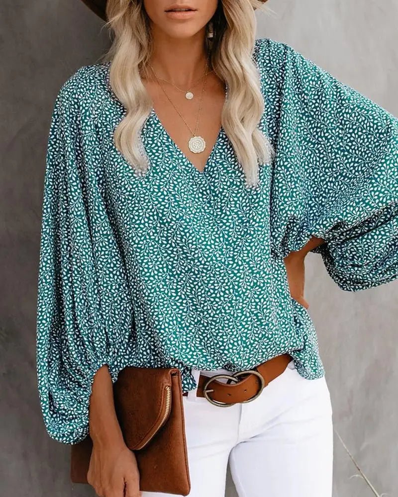 2023 New European and American Cross Boder Spring/Summer/Autumn V-neck Casual Shirt Printed Lantern Sleeve Top Women's W - Chrissy's Eye