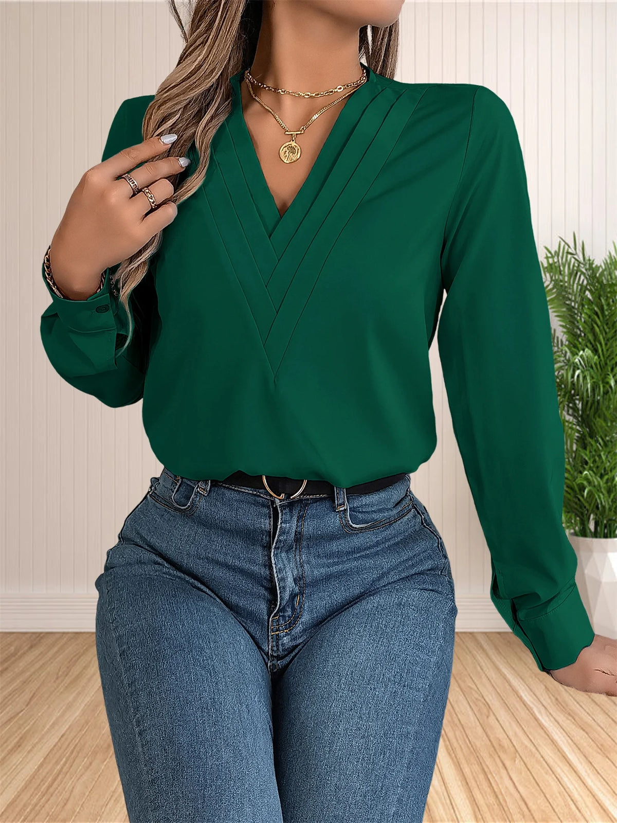 Women's Elegant Business Office Blouse Layered V Neck Long Sleeve Dressy Shirts Work Tops - Chrissy's Eye