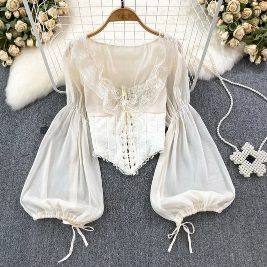 Chic Blouse Women 2023 Chiffon Lace Lace-up Patchwork Elegant Blusas Embroidery Blouses for Woman French Court Retro Dropship - Chrissy's Eye