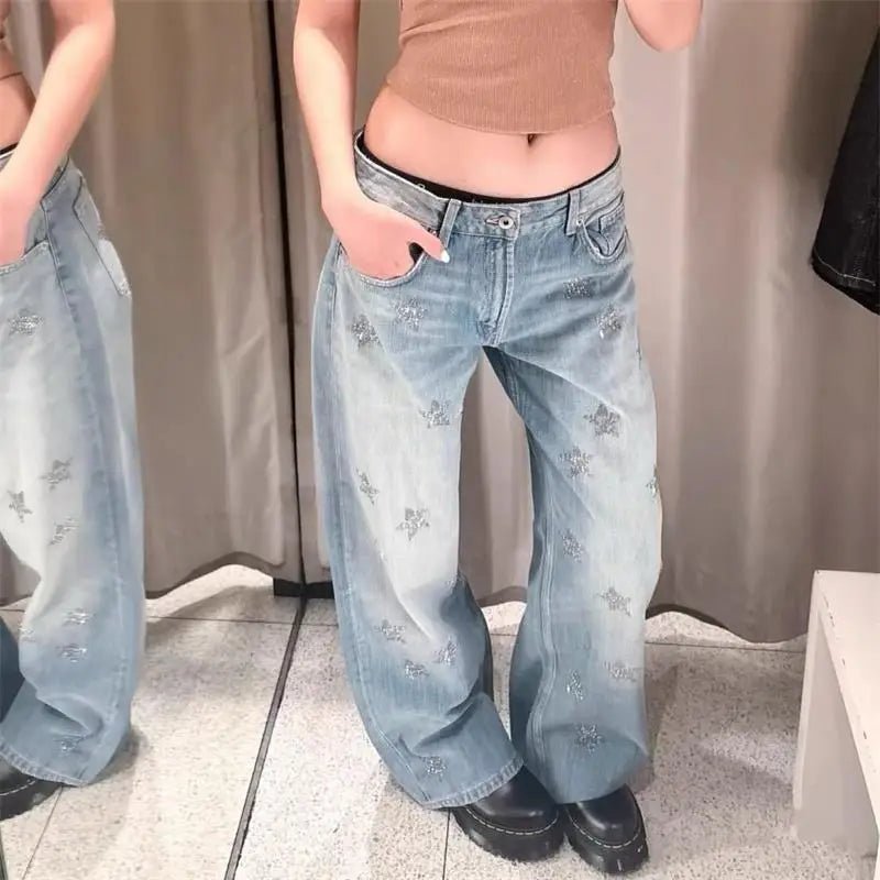 Low-Rise Raw Hem Rhinestone Star Cut-Out Jeans Baggy Wide Leg 2026 Summer Chic Women Denim Pants Causal Versatile Lady Bottoms - Chrissy's Eye