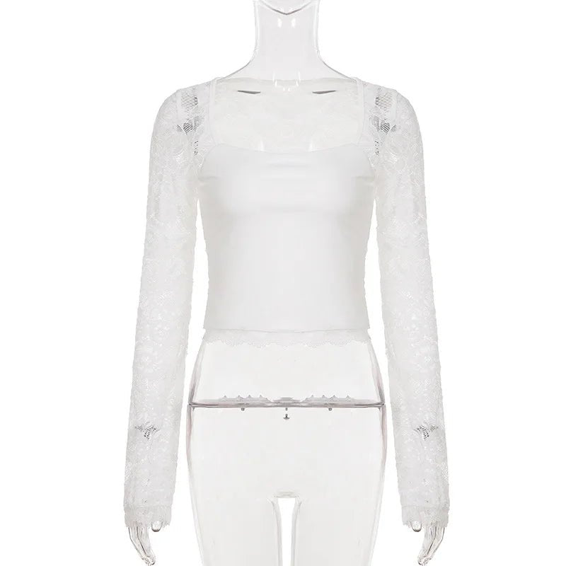 SsTss Solid Slim Sheer Lace Top for Women Fashion Hollow Out Long Sleeve Square Neck Slim Stretch Basic Crop T Shirt for Dating - Chrissy's Eye