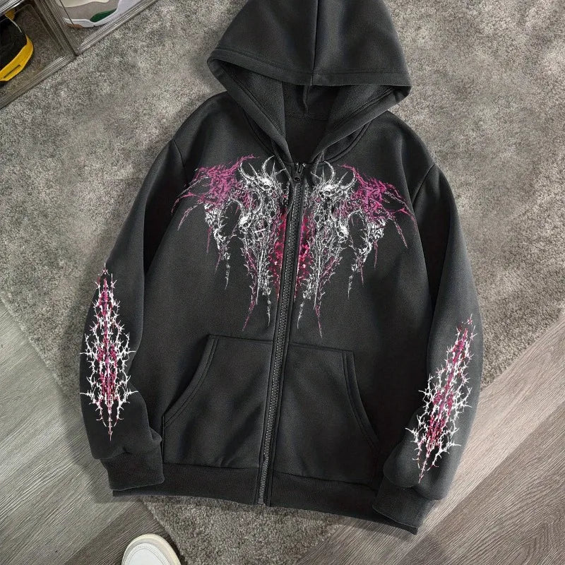 Men's Gothic Dark Print Zipper Hooded Casual Sports Sweatshirt Zipper Jacket Autumn and Winter New Casual Retro Street Style Top - Chrissy's Eye